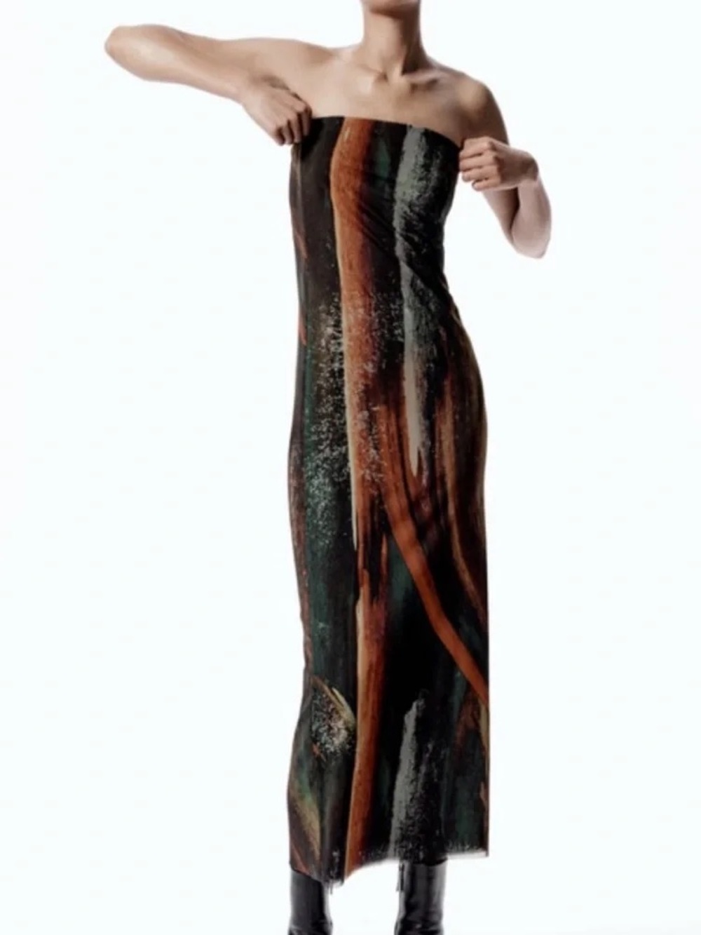 Zara Strapless Maxi Dress in Black with Brown & Green Abstract Stripes